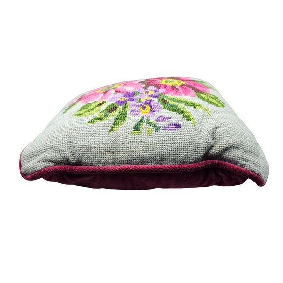 Vintage Floral Needlepoint Throw Pillow With Velvet Backing 11"x11" - Picture 4 of 16